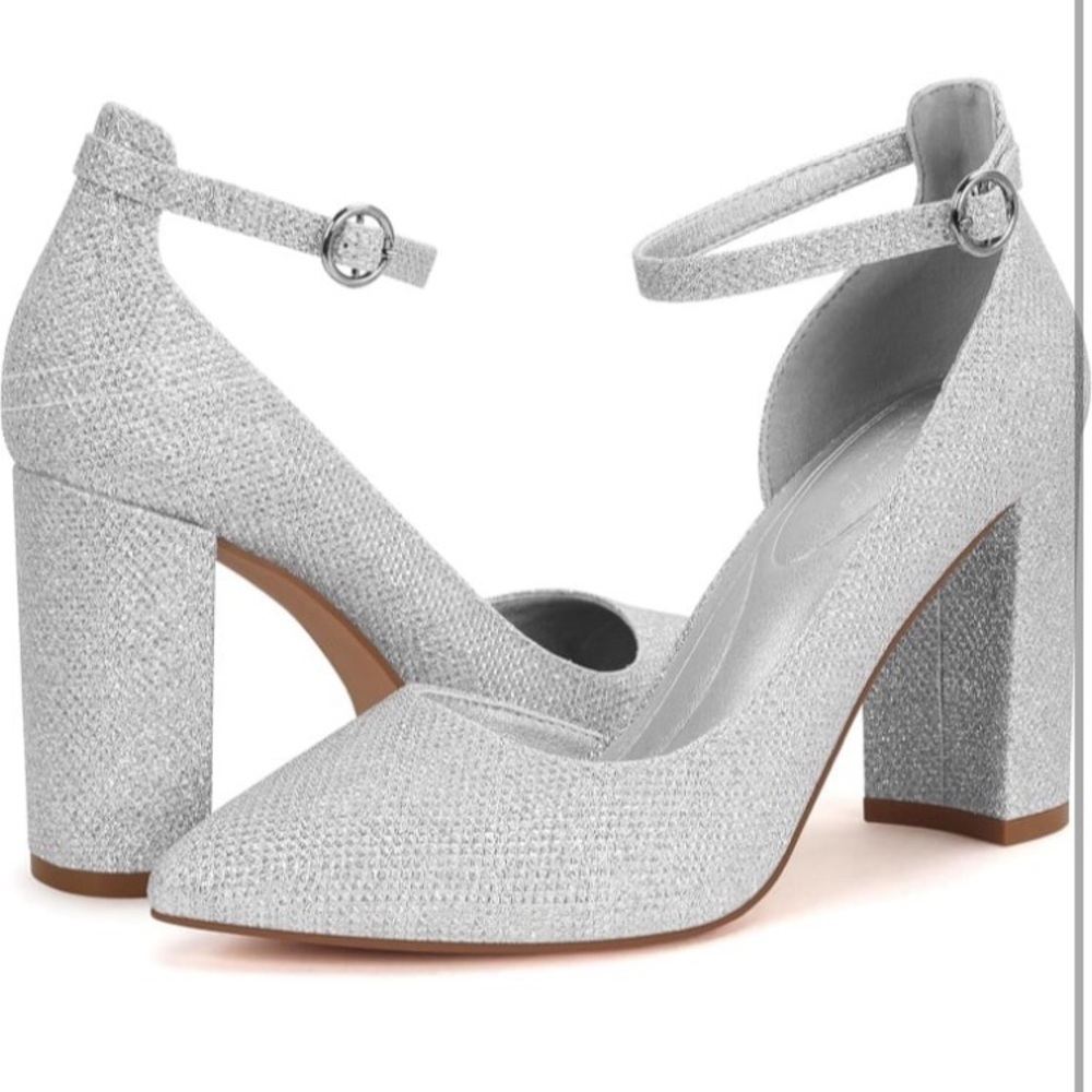 Party Women's  Sparkle Closed Toe Pumps Chunky Heels Pumps Ankle Strap NWOT 9